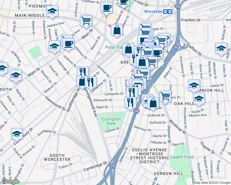 map of restaurants, bars, coffee shops, grocery stores, and more near 31 Grosvenor Street in Worcester