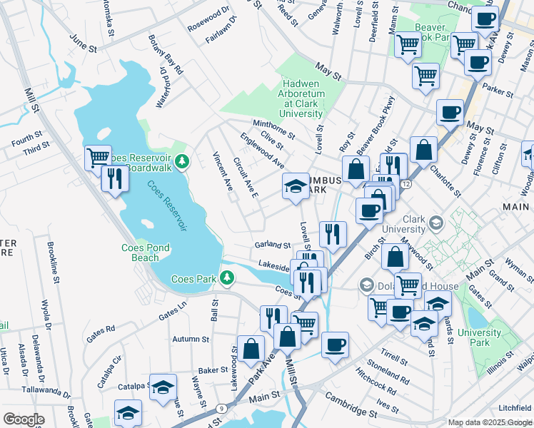 map of restaurants, bars, coffee shops, grocery stores, and more near 10 Circuit Avenue South in Worcester