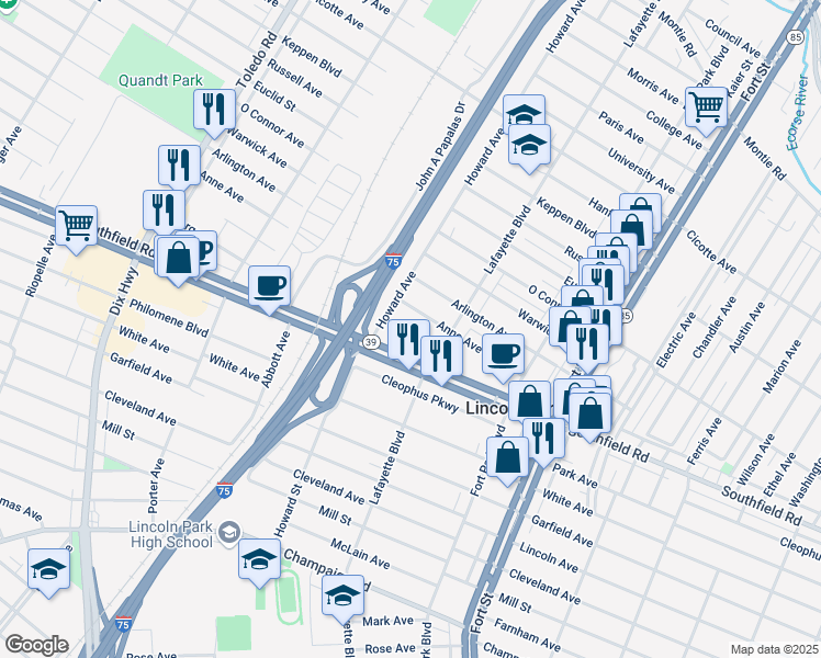 map of restaurants, bars, coffee shops, grocery stores, and more near 1556 Anne Avenue in Lincoln Park