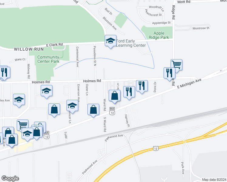 map of restaurants, bars, coffee shops, grocery stores, and more near 2508 Holmes Road in Ypsilanti