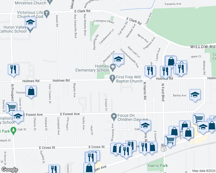 map of restaurants, bars, coffee shops, grocery stores, and more near 1200 Holmes Road in Ypsilanti