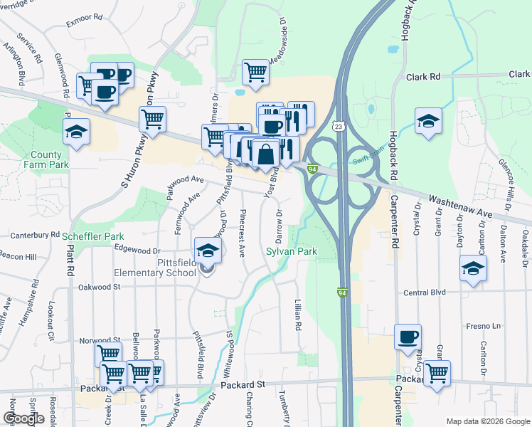 map of restaurants, bars, coffee shops, grocery stores, and more near 2320 Darrow Drive in Ann Arbor