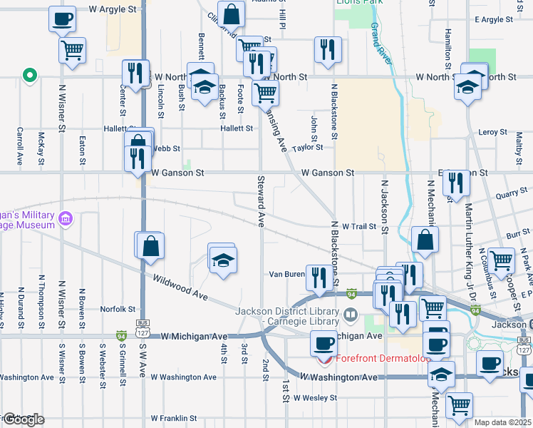 map of restaurants, bars, coffee shops, grocery stores, and more near 513 Steward Avenue in Jackson