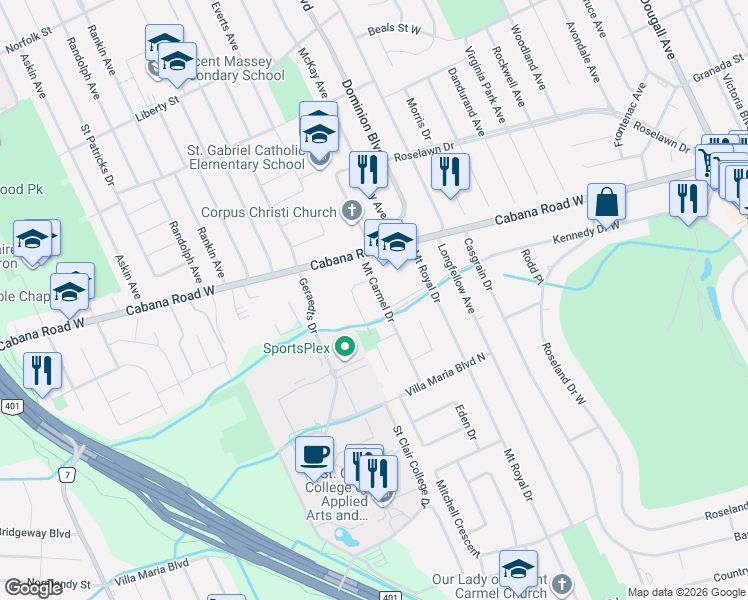 map of restaurants, bars, coffee shops, grocery stores, and more near 3881 Mount Carmel Drive in Windsor