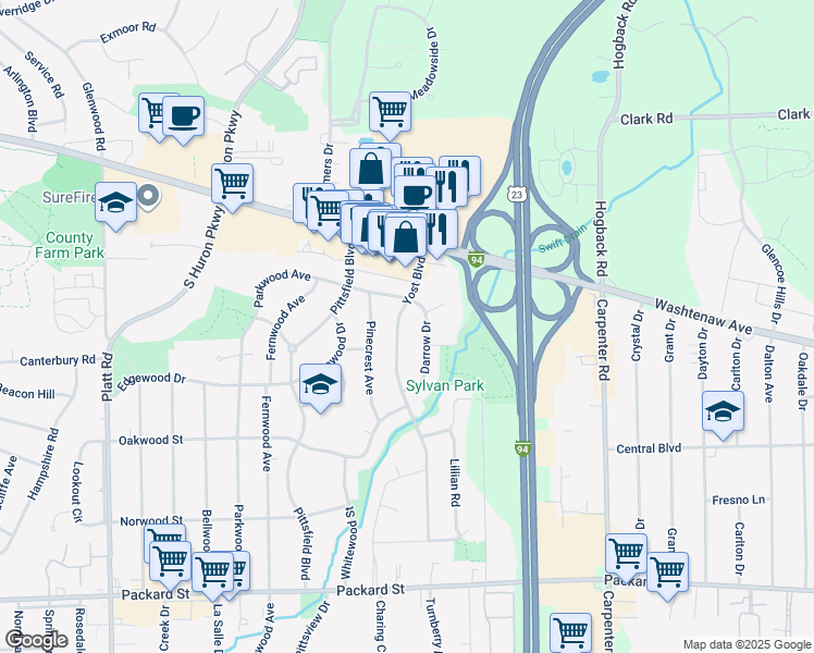 map of restaurants, bars, coffee shops, grocery stores, and more near 2320 Darrow Drive in Ann Arbor