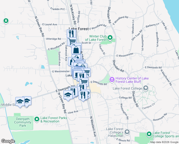 map of restaurants, bars, coffee shops, grocery stores, and more near 351 East Westminster Avenue in Lake Forest