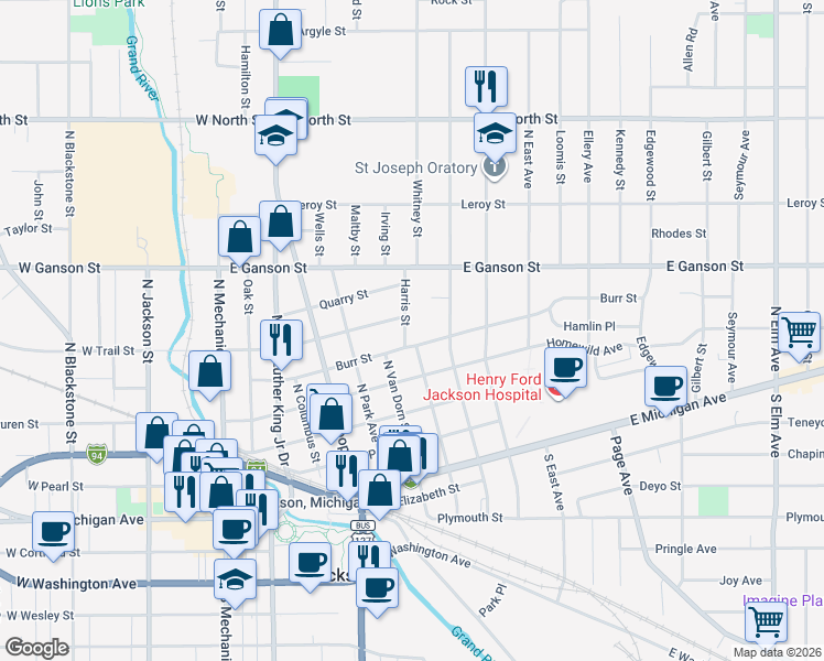 map of restaurants, bars, coffee shops, grocery stores, and more near 509 Harris Street in Jackson