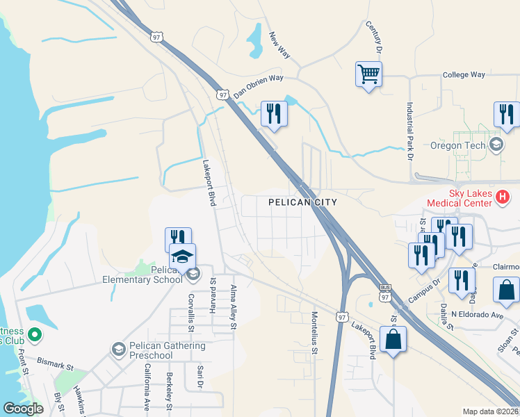 map of restaurants, bars, coffee shops, grocery stores, and more near 403 Coli Avenue in Klamath Falls
