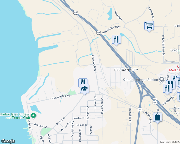 map of restaurants, bars, coffee shops, grocery stores, and more near 3307 Lakeport Boulevard in Klamath Falls