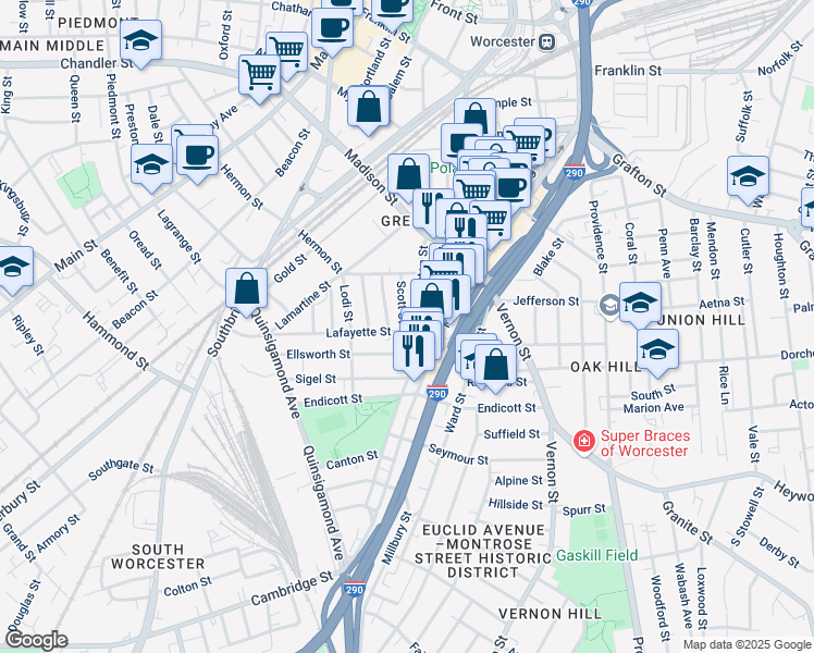 map of restaurants, bars, coffee shops, grocery stores, and more near 14 Scott Street in Worcester