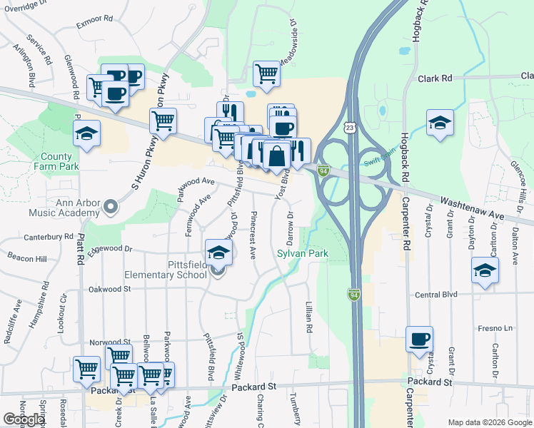 map of restaurants, bars, coffee shops, grocery stores, and more near 2352 Yost Boulevard in Ann Arbor