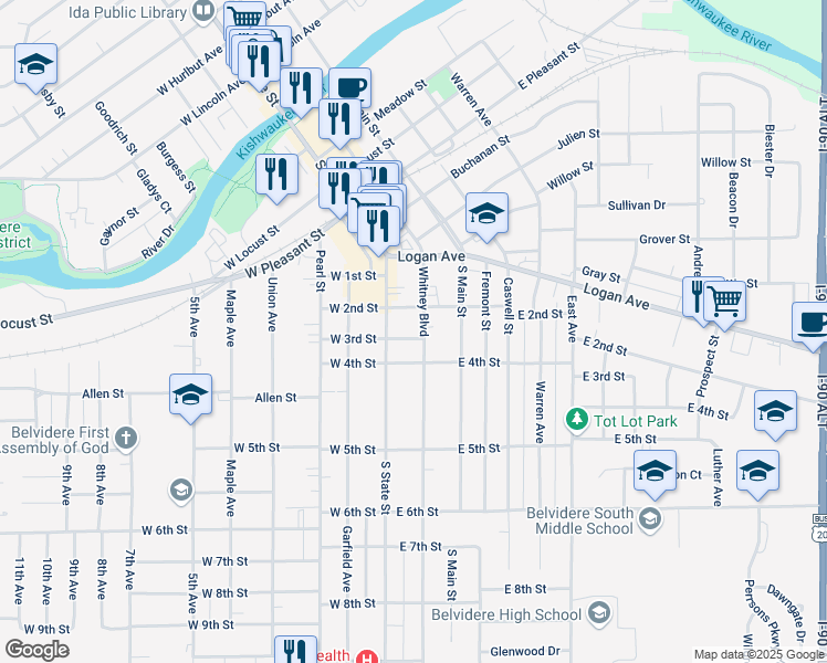 map of restaurants, bars, coffee shops, grocery stores, and more near 704 Whitney Boulevard in Belvidere