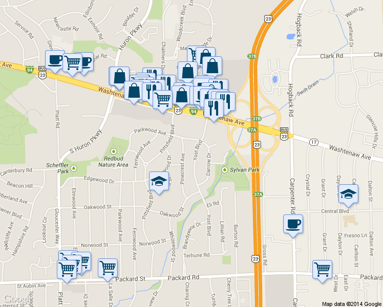 map of restaurants, bars, coffee shops, grocery stores, and more near 2352 Yost Boulevard in Ann Arbor