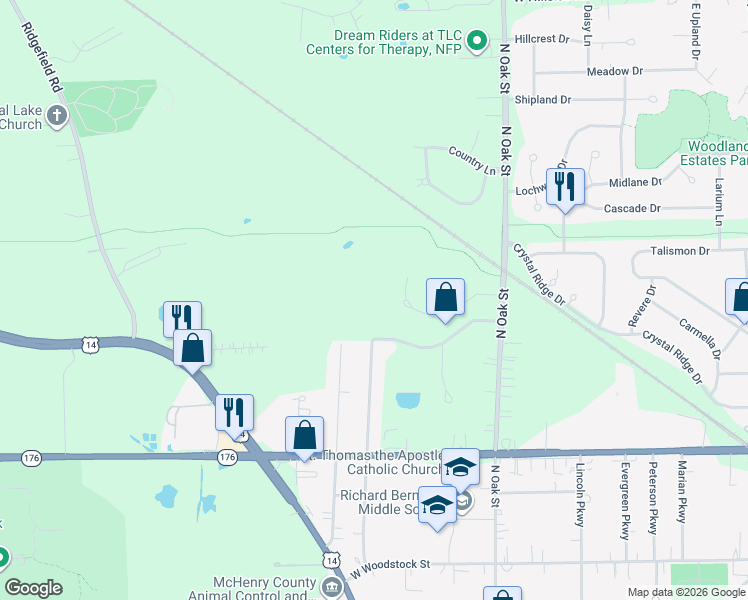 map of restaurants, bars, coffee shops, grocery stores, and more near 7312 Oakwood Lane in Crystal Lake
