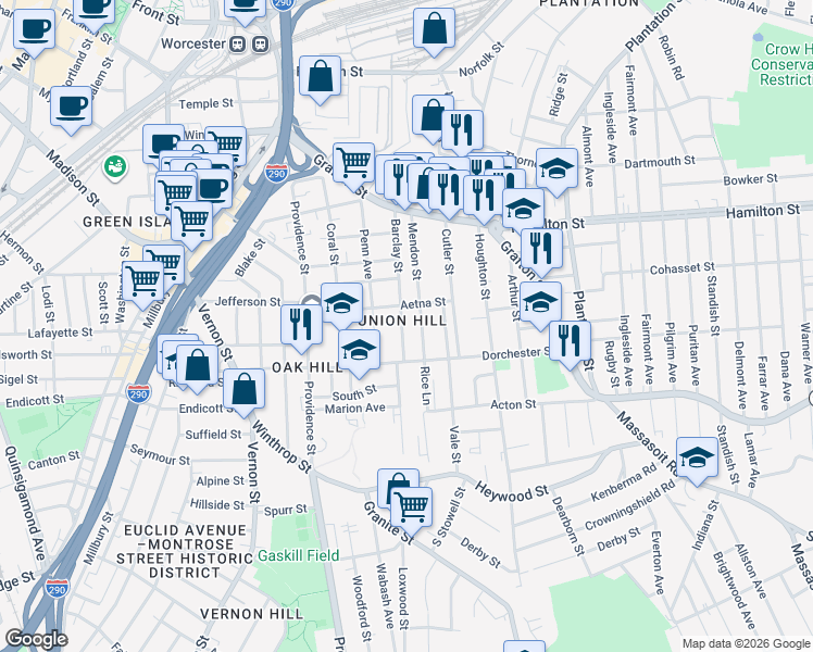 map of restaurants, bars, coffee shops, grocery stores, and more near in Worcester