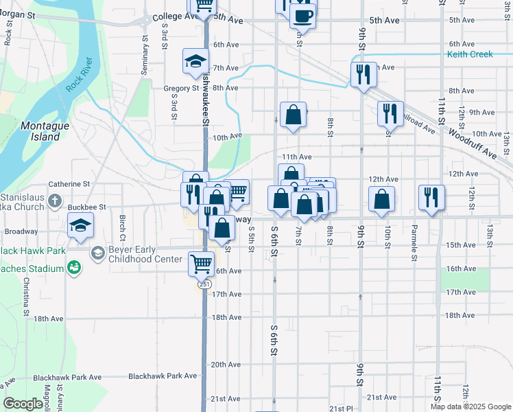 map of restaurants, bars, coffee shops, grocery stores, and more near 1406 South 5th Street in Rockford