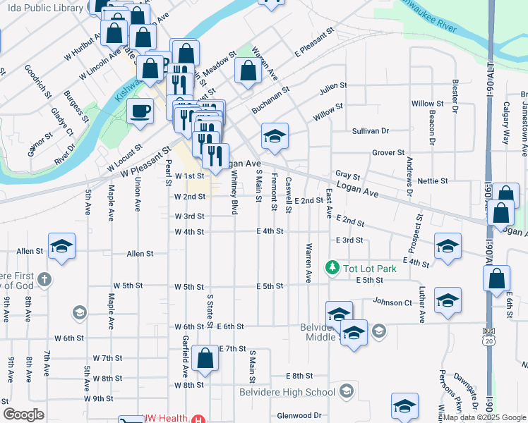 map of restaurants, bars, coffee shops, grocery stores, and more near 704 South Main Street in Belvidere