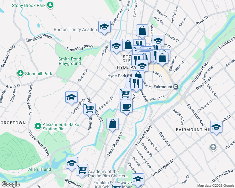 map of restaurants, bars, coffee shops, grocery stores, and more near 46 Business Street in Boston