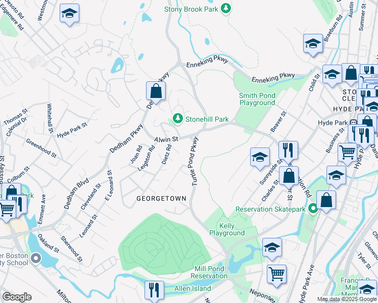 map of restaurants, bars, coffee shops, grocery stores, and more near in Boston