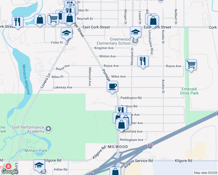 map of restaurants, bars, coffee shops, grocery stores, and more near 1450 Lakeway Avenue in Kalamazoo
