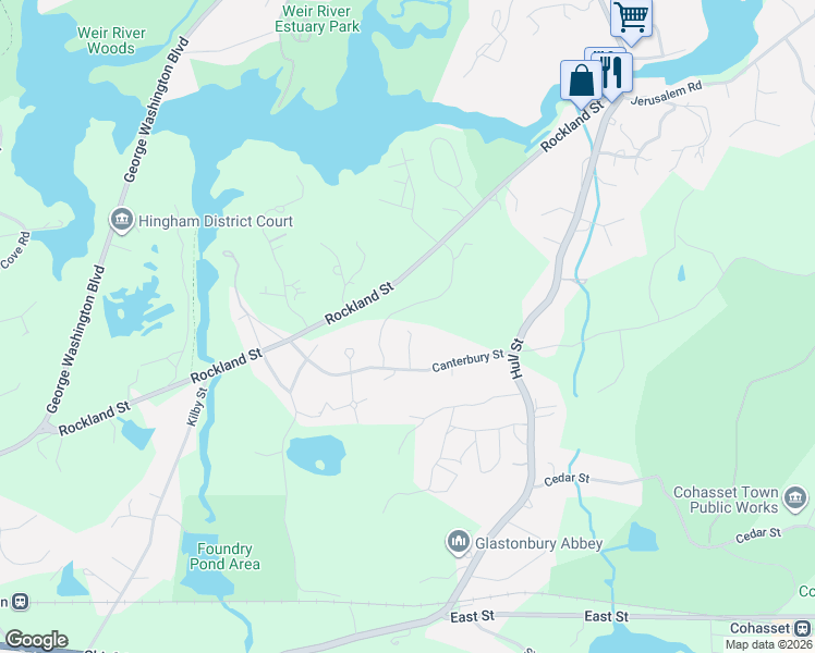 map of restaurants, bars, coffee shops, grocery stores, and more near 233 Rockland Street in Hingham