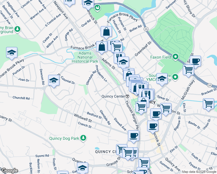 map of restaurants, bars, coffee shops, grocery stores, and more near 79 Presidents Lane in Quincy