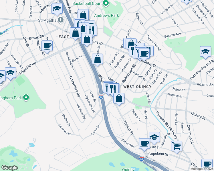 map of restaurants, bars, coffee shops, grocery stores, and more near 38 Ballou Street in Quincy