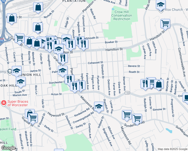 map of restaurants, bars, coffee shops, grocery stores, and more near 161 Pilgrim Avenue in Worcester