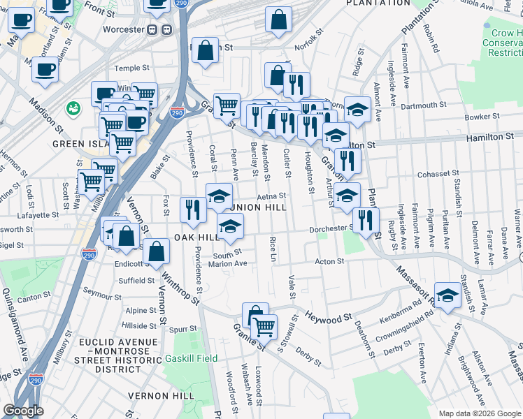 map of restaurants, bars, coffee shops, grocery stores, and more near in Worcester