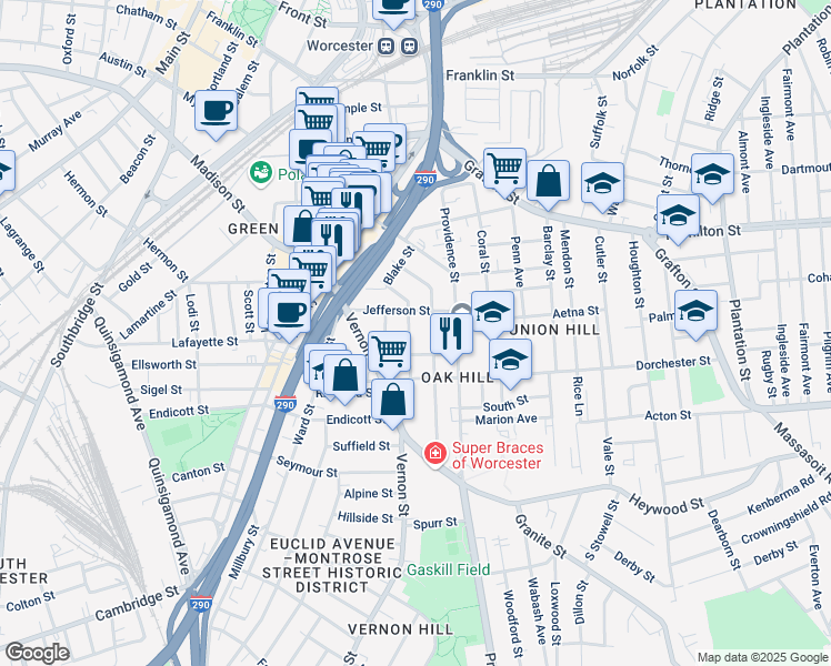 map of restaurants, bars, coffee shops, grocery stores, and more near 24 Jefferson Street in Worcester