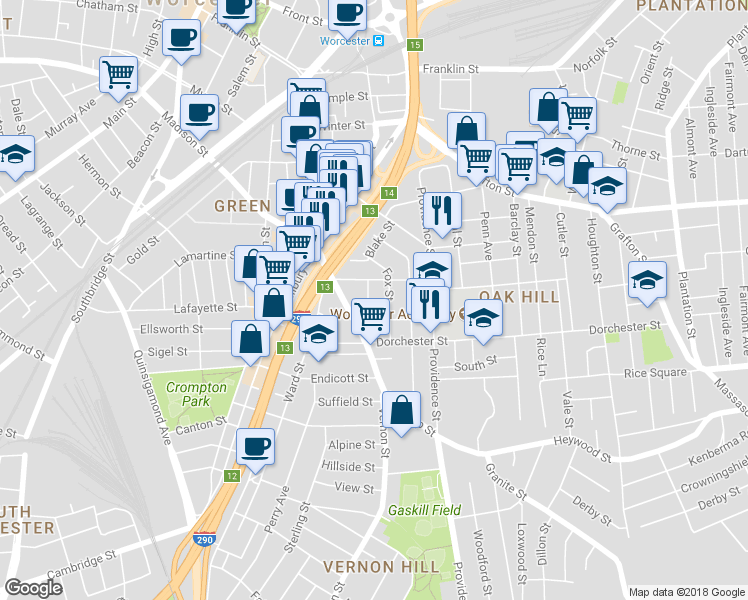 map of restaurants, bars, coffee shops, grocery stores, and more near 24 Jefferson Street in Worcester