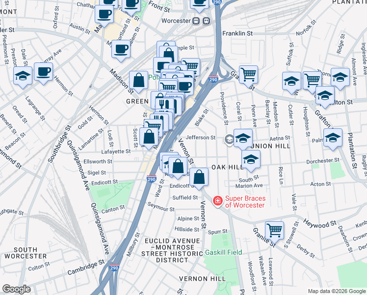 map of restaurants, bars, coffee shops, grocery stores, and more near 26 Vernon Street in Worcester