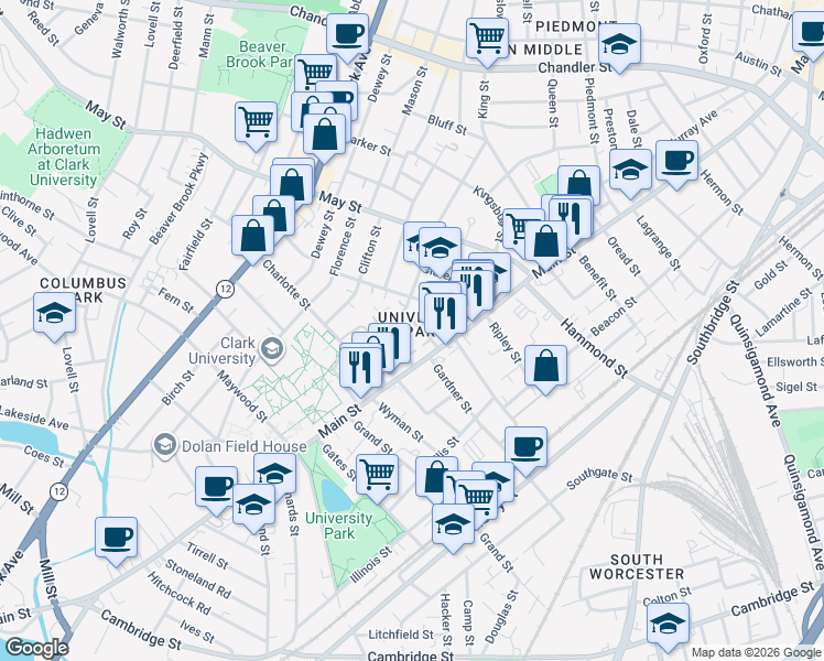 map of restaurants, bars, coffee shops, grocery stores, and more near in Worcester