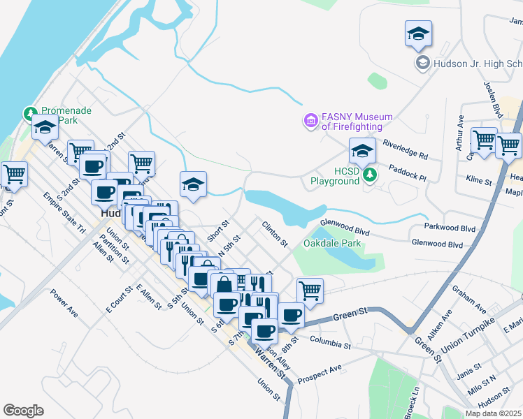 map of restaurants, bars, coffee shops, grocery stores, and more near 494 Clinton St in Hudson