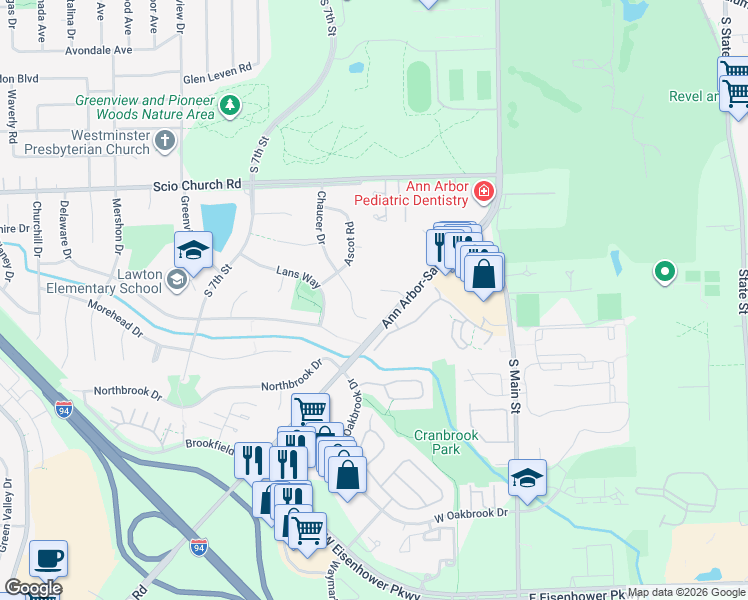map of restaurants, bars, coffee shops, grocery stores, and more near 490 Village Oaks Court in Ann Arbor