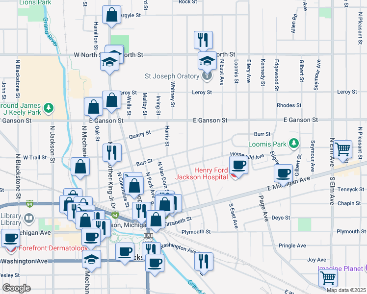 map of restaurants, bars, coffee shops, grocery stores, and more near 516 North State Street in Jackson