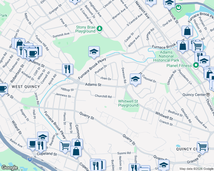 map of restaurants, bars, coffee shops, grocery stores, and more near Adams Street in Quincy