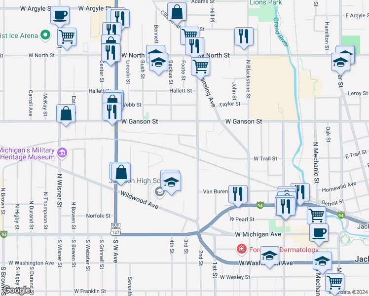 map of restaurants, bars, coffee shops, grocery stores, and more near 513 West Trail Street in Jackson