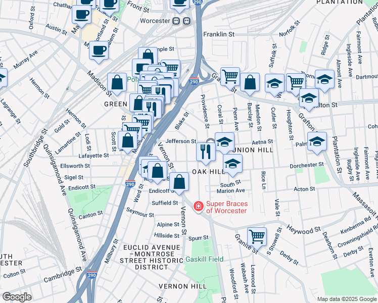 map of restaurants, bars, coffee shops, grocery stores, and more near 77 Fox Street in Worcester