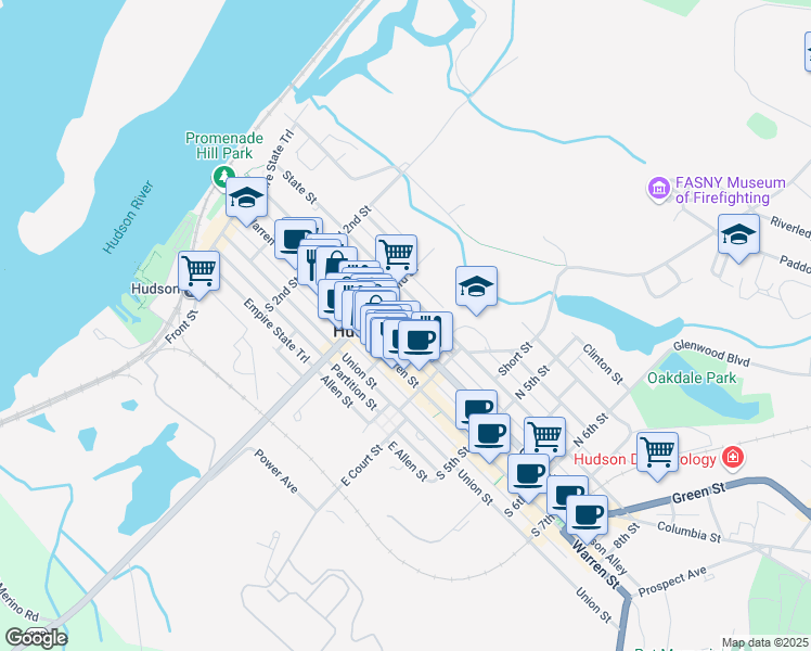 map of restaurants, bars, coffee shops, grocery stores, and more near 328 Columbia Street in Hudson