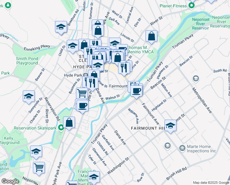 map of restaurants, bars, coffee shops, grocery stores, and more near 74 Maple Street in Boston