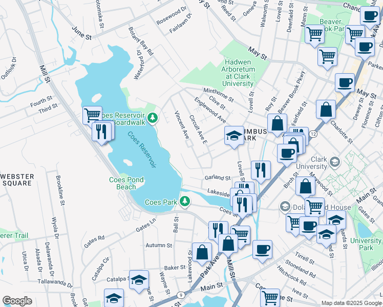 map of restaurants, bars, coffee shops, grocery stores, and more near 14 Vincent Avenue in Worcester