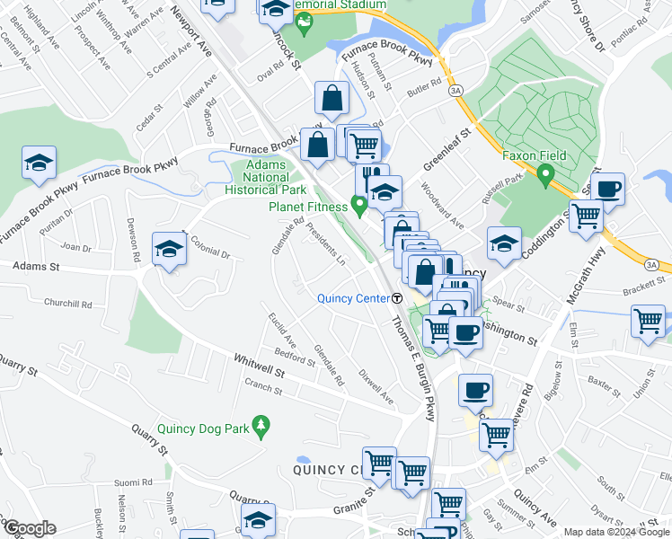 map of restaurants, bars, coffee shops, grocery stores, and more near 95 Presidents Lane in Quincy