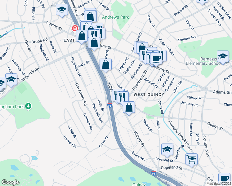 map of restaurants, bars, coffee shops, grocery stores, and more near 38 Ballou Street in Quincy