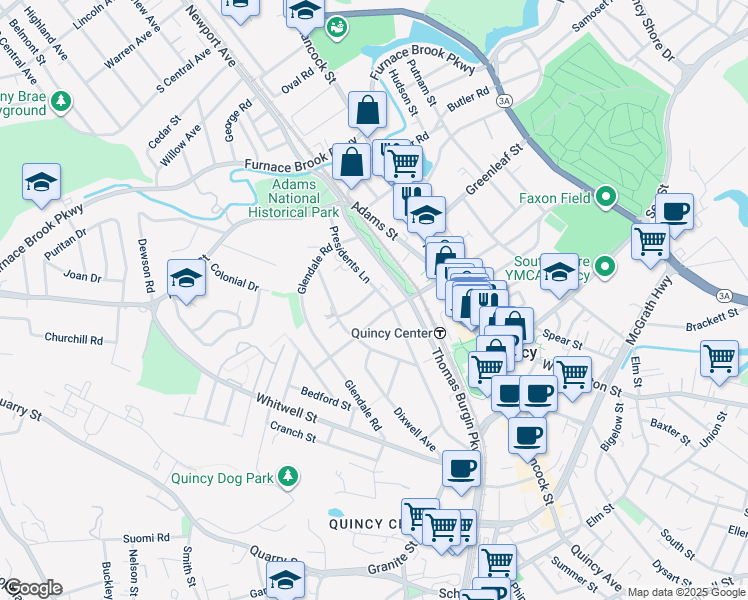 map of restaurants, bars, coffee shops, grocery stores, and more near 95 Presidents Lane in Quincy