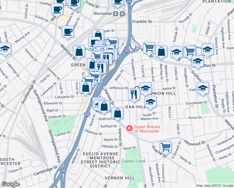map of restaurants, bars, coffee shops, grocery stores, and more near 15 Blanche Street in Worcester