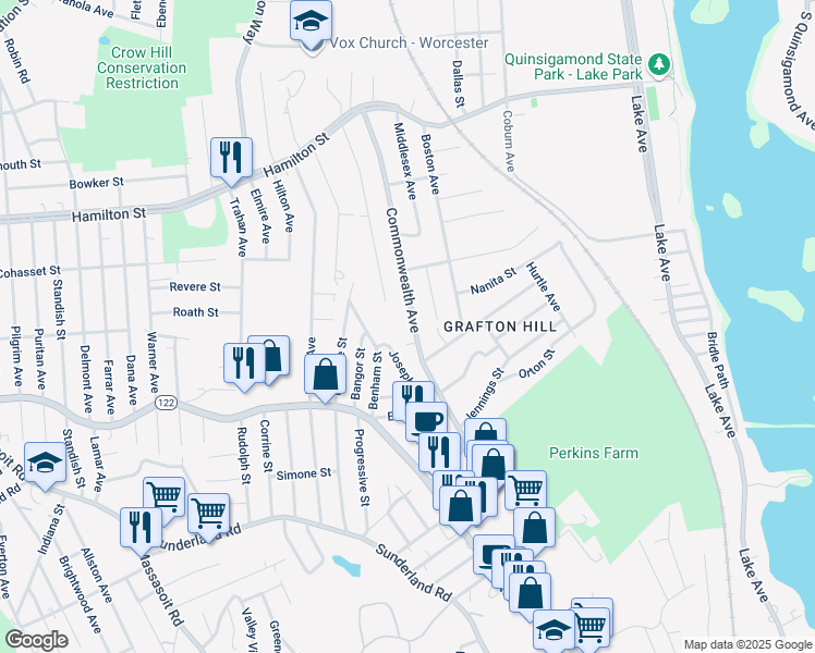 map of restaurants, bars, coffee shops, grocery stores, and more near 104 Commonwealth Avenue in Worcester