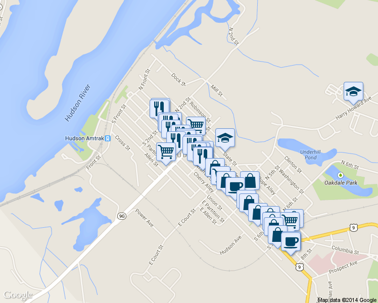 map of restaurants, bars, coffee shops, grocery stores, and more near 302-304 Warren Street in Hudson