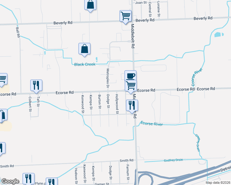 map of restaurants, bars, coffee shops, grocery stores, and more near in Romulus