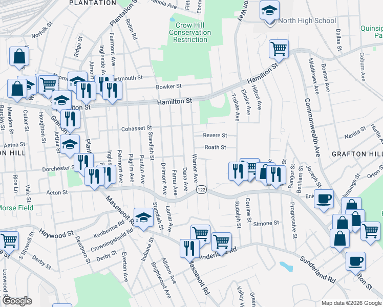 map of restaurants, bars, coffee shops, grocery stores, and more near 90 Warner Avenue in Worcester